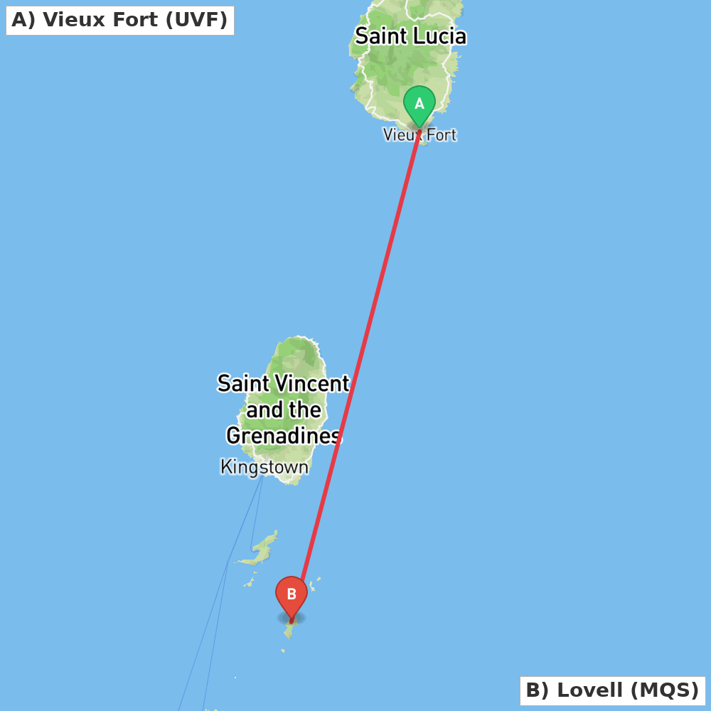 Flight route map from Vieux Fort to Lovell