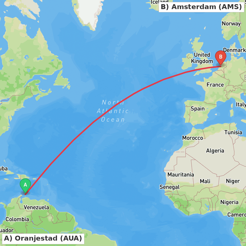 Flight route map from Oranjestad to Amsterdam
