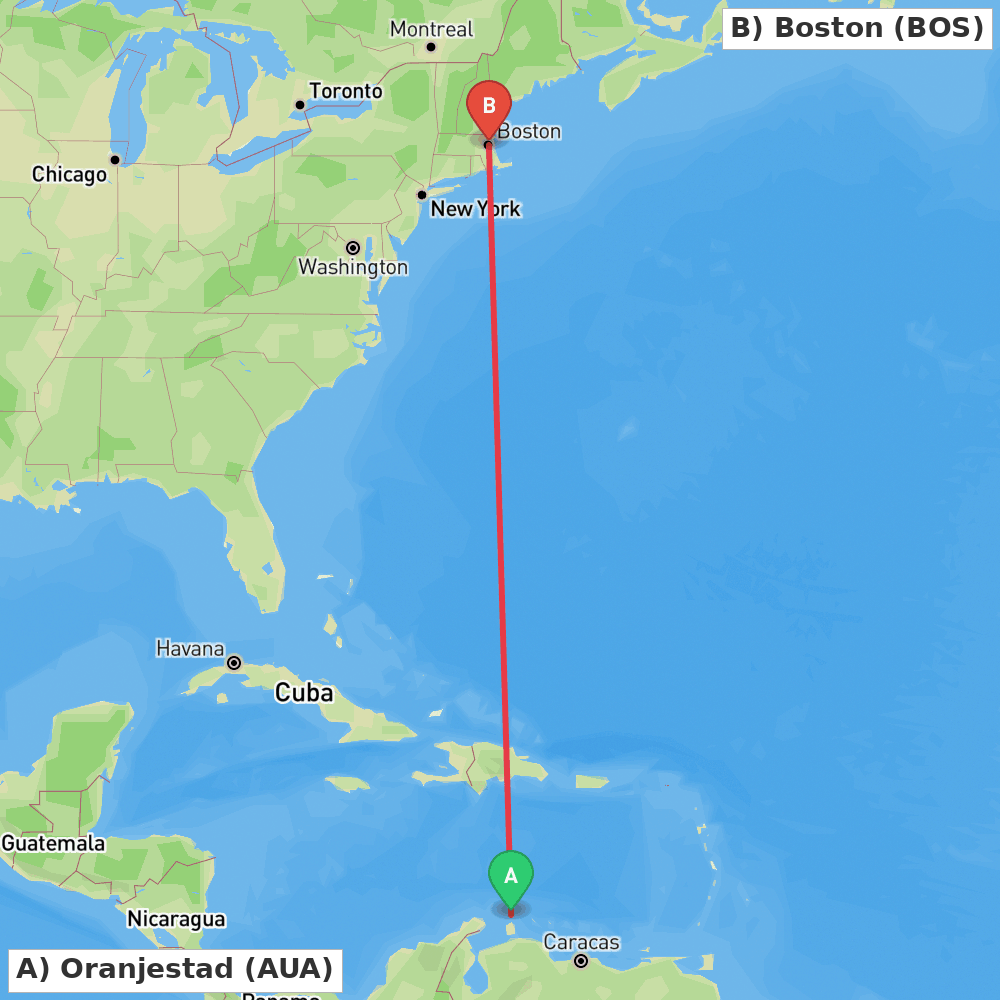 Flight route map from Oranjestad to Boston