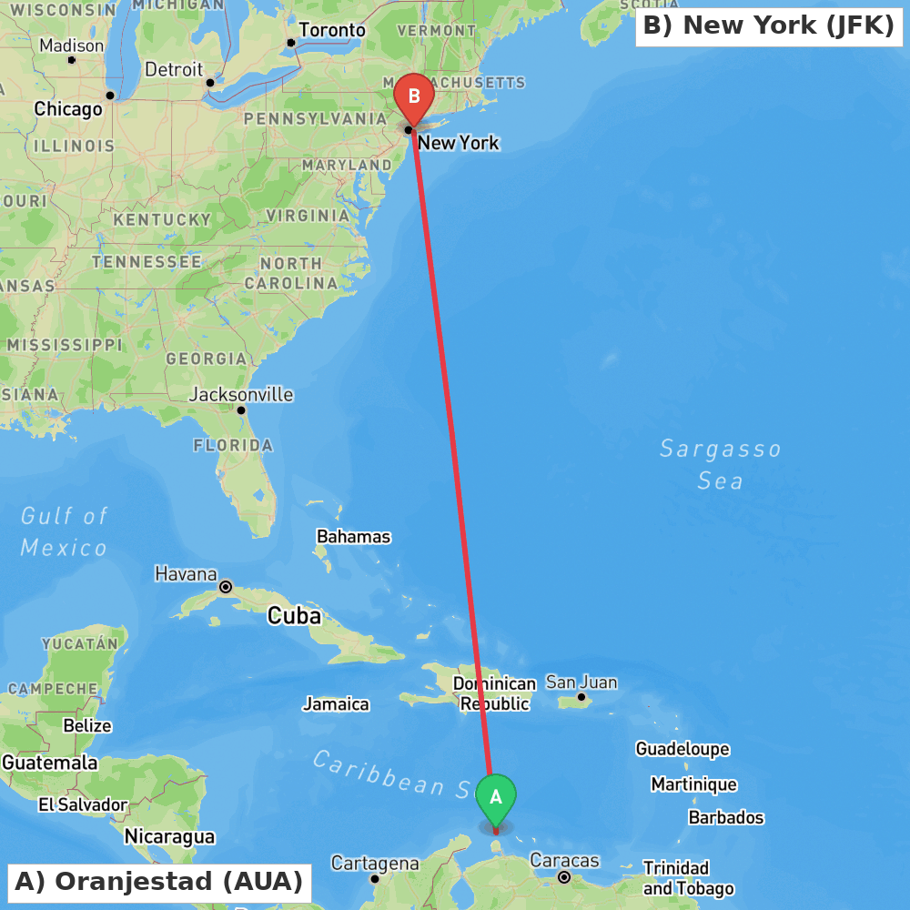 Flight route map from Oranjestad to New York