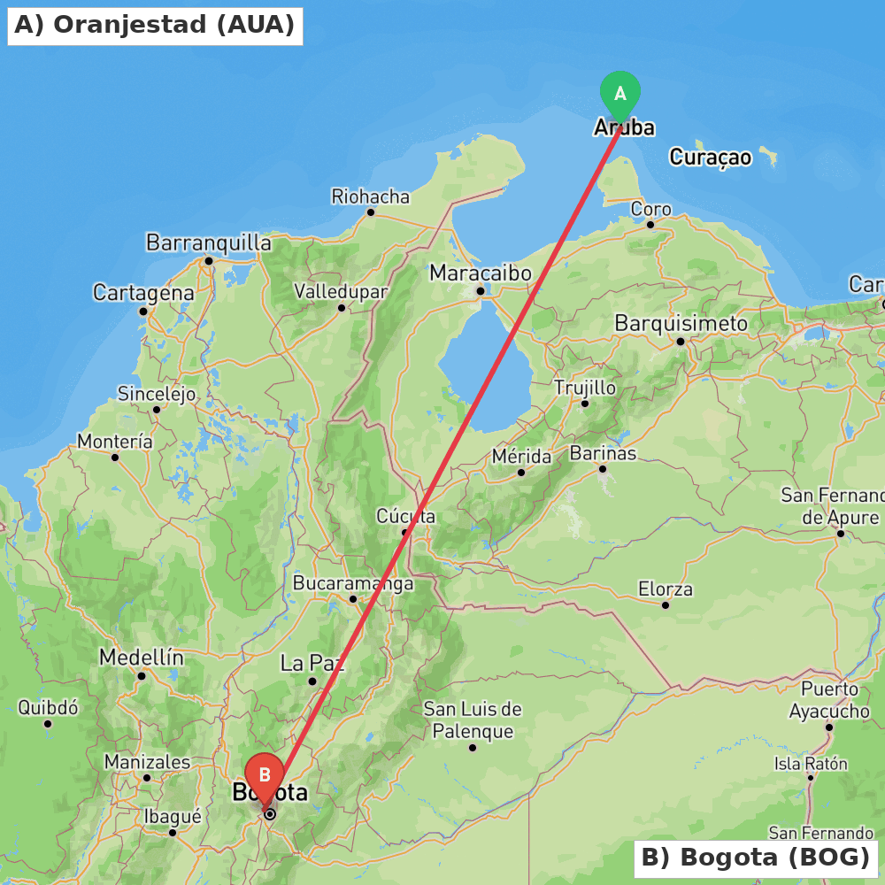 Flight route map from Oranjestad to Bogota