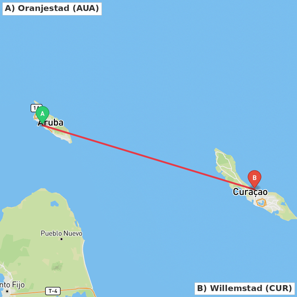 Flight route map from Oranjestad to Willemstad