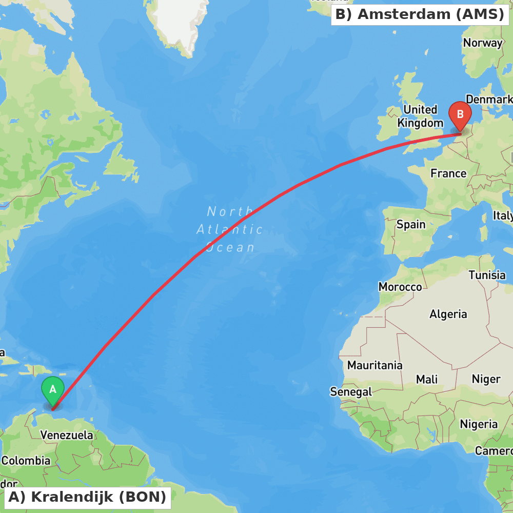 Flight route map from Kralendijk to Amsterdam