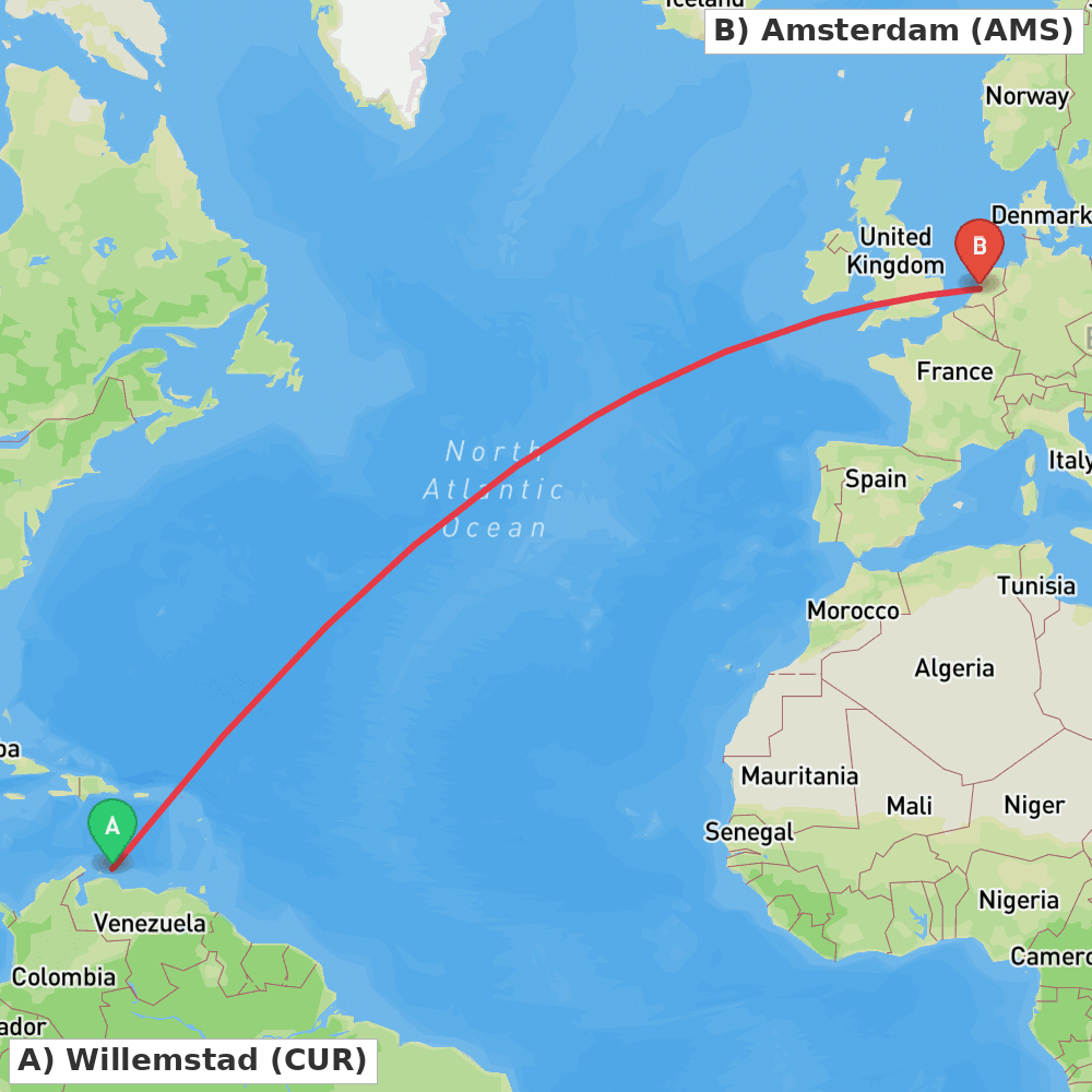 Flight route map from Willemstad to Amsterdam