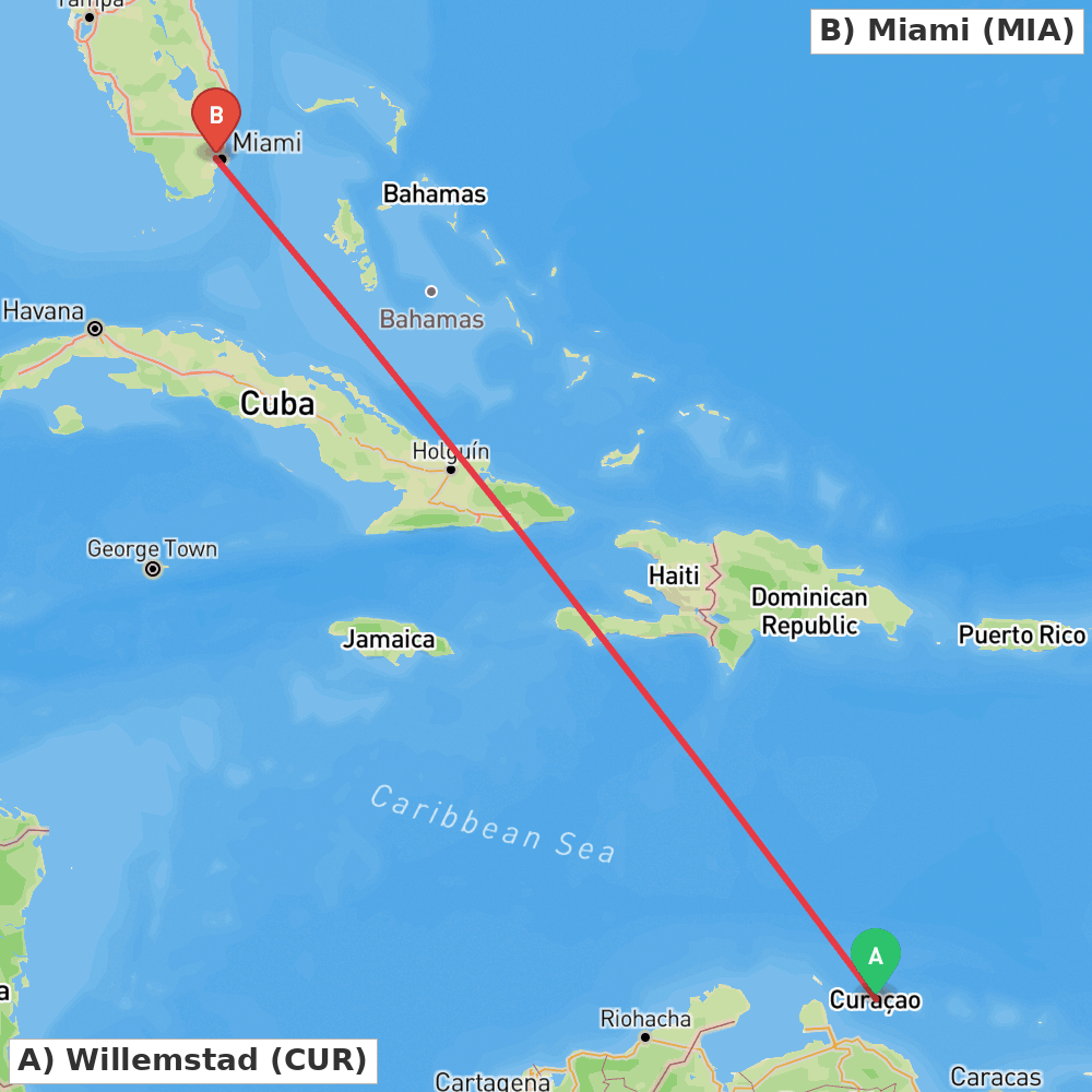 Flight route map from Willemstad to Miami