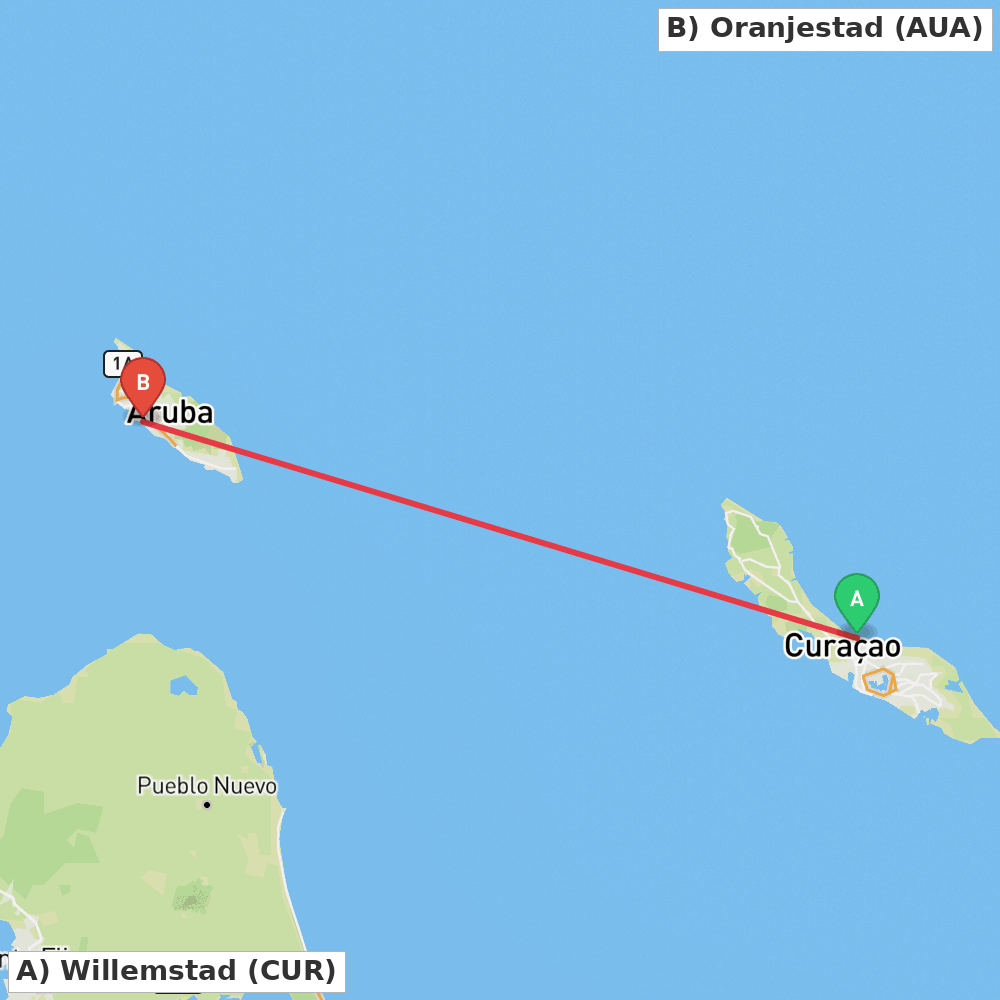 Flight route map from Willemstad to Oranjestad