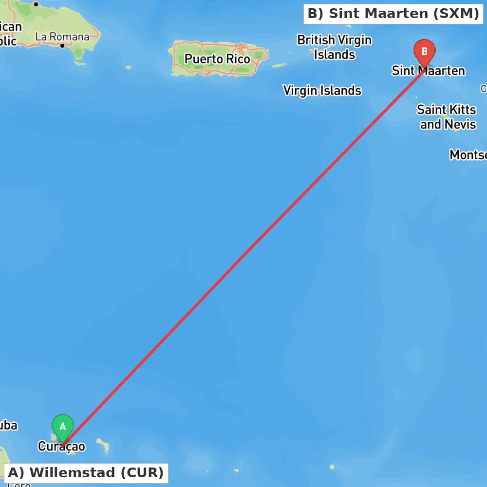 Flight route map from Willemstad to Sint Maarten