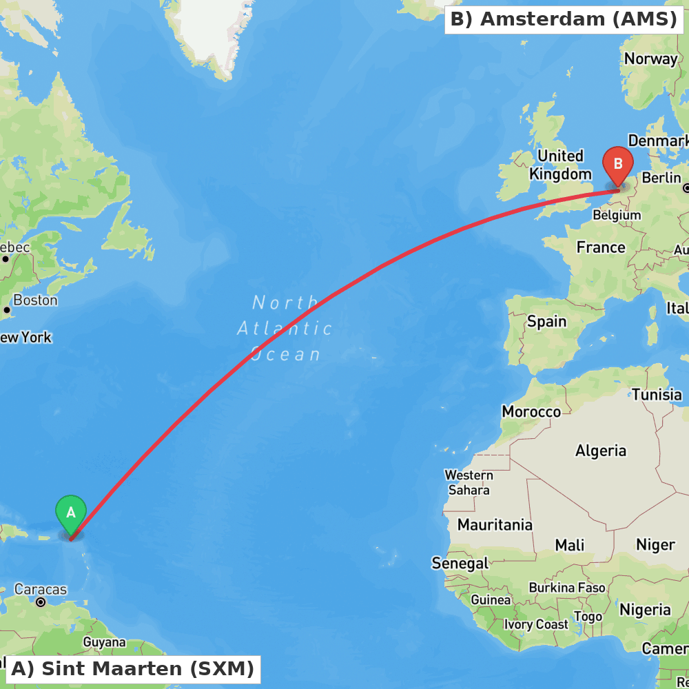 Flight route map from Sint Maarten to Amsterdam