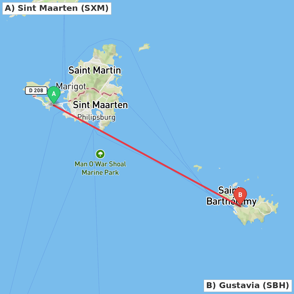 Flight route map from Sint Maarten to Gustavia