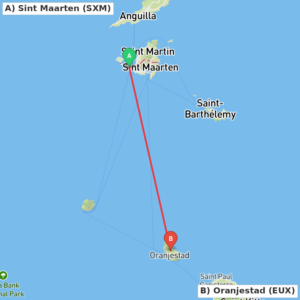 Flight route map from Sint Maarten to Oranjestad