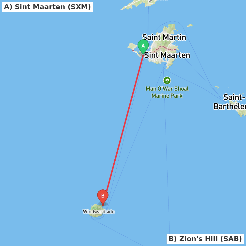 Flight route map from Sint Maarten to Zion's Hill
