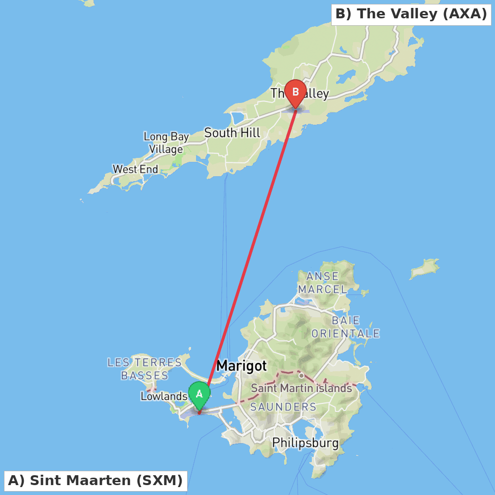 Flight route map from Sint Maarten to The Valley