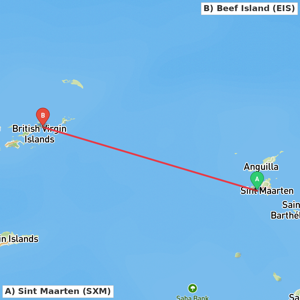Flight route map from Sint Maarten to Beef Island