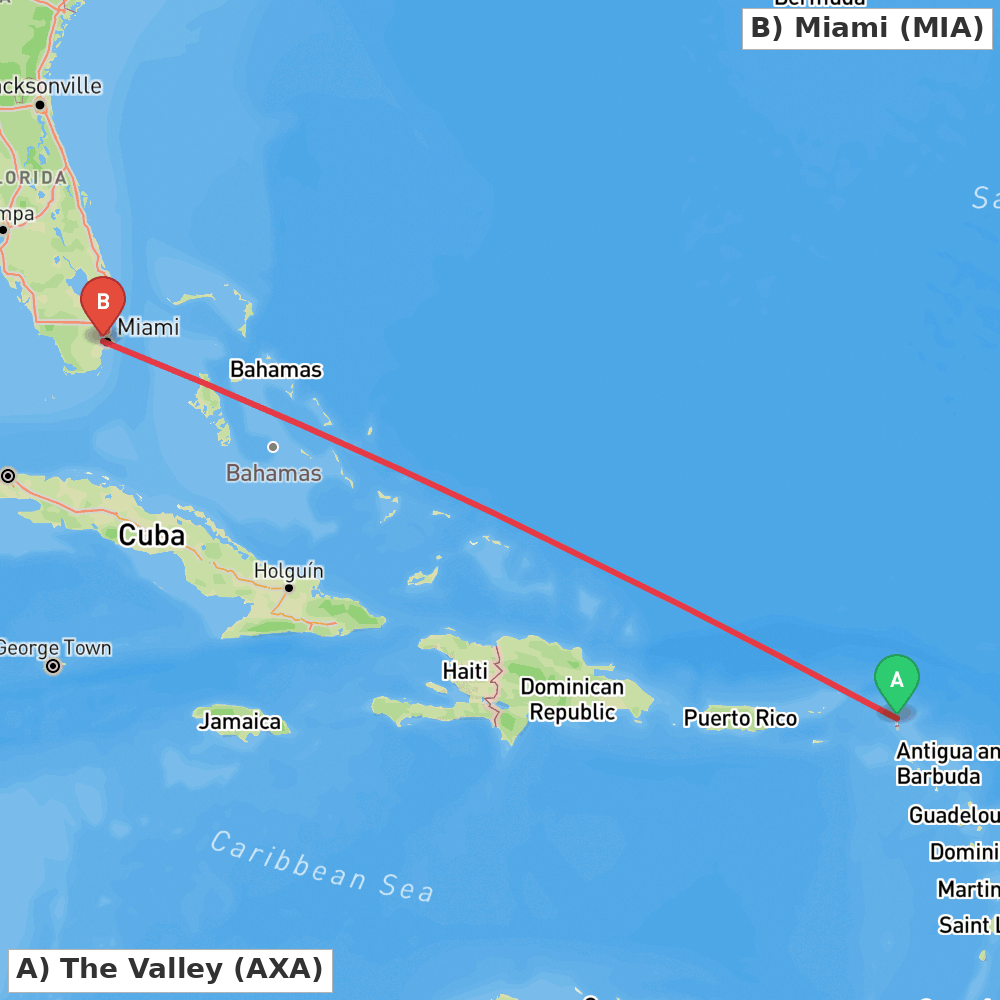 Flight route map from The Valley to Miami