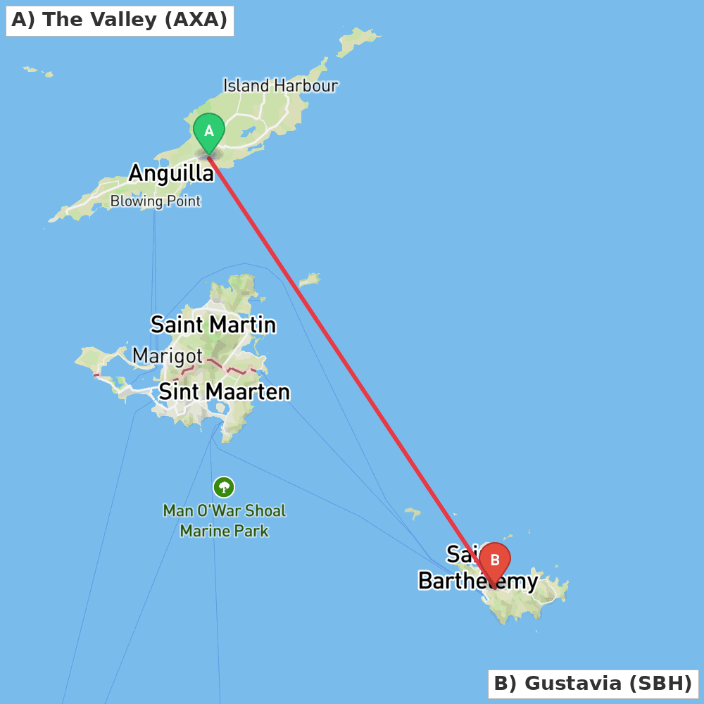 Flight route map from The Valley to Gustavia