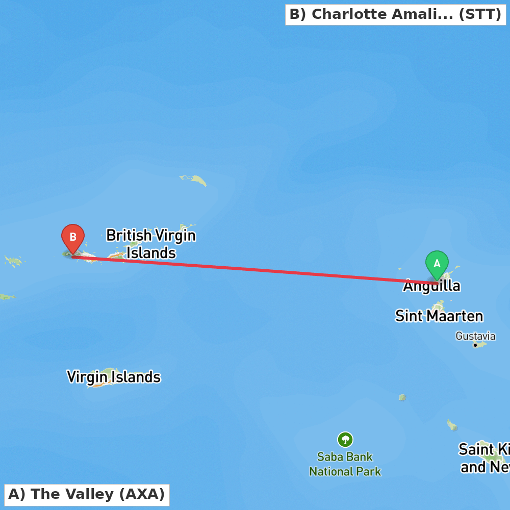 Flight route map from The Valley to Charlotte Amalie
