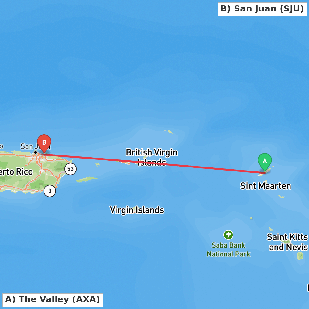 Flight route map from The Valley to San Juan