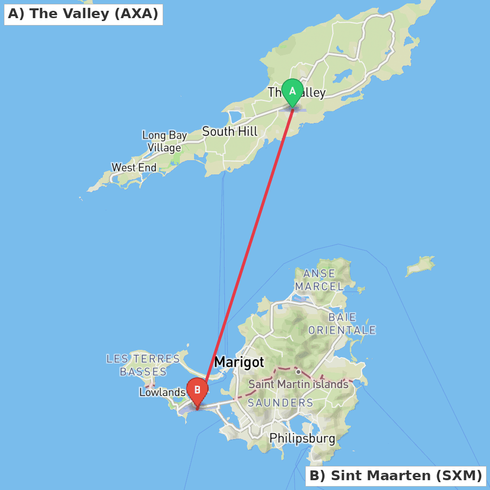 Flight route map from The Valley to Sint Maarten