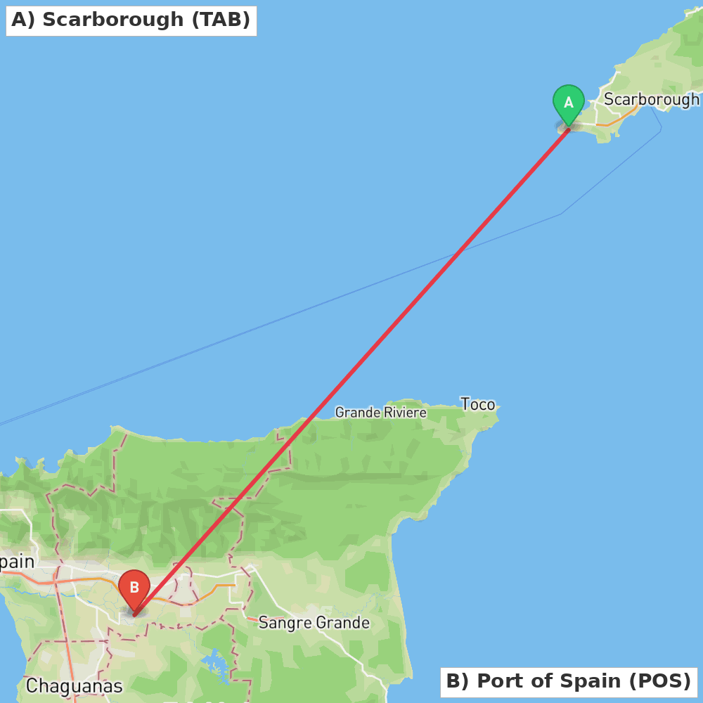 Flight route map from Scarborough to Port of Spain