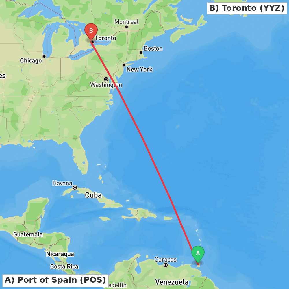 Flight route map from Port of Spain to Toronto