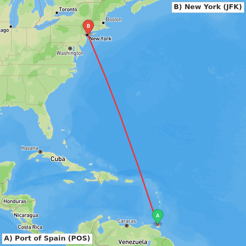 Flight route map from Port of Spain to New York