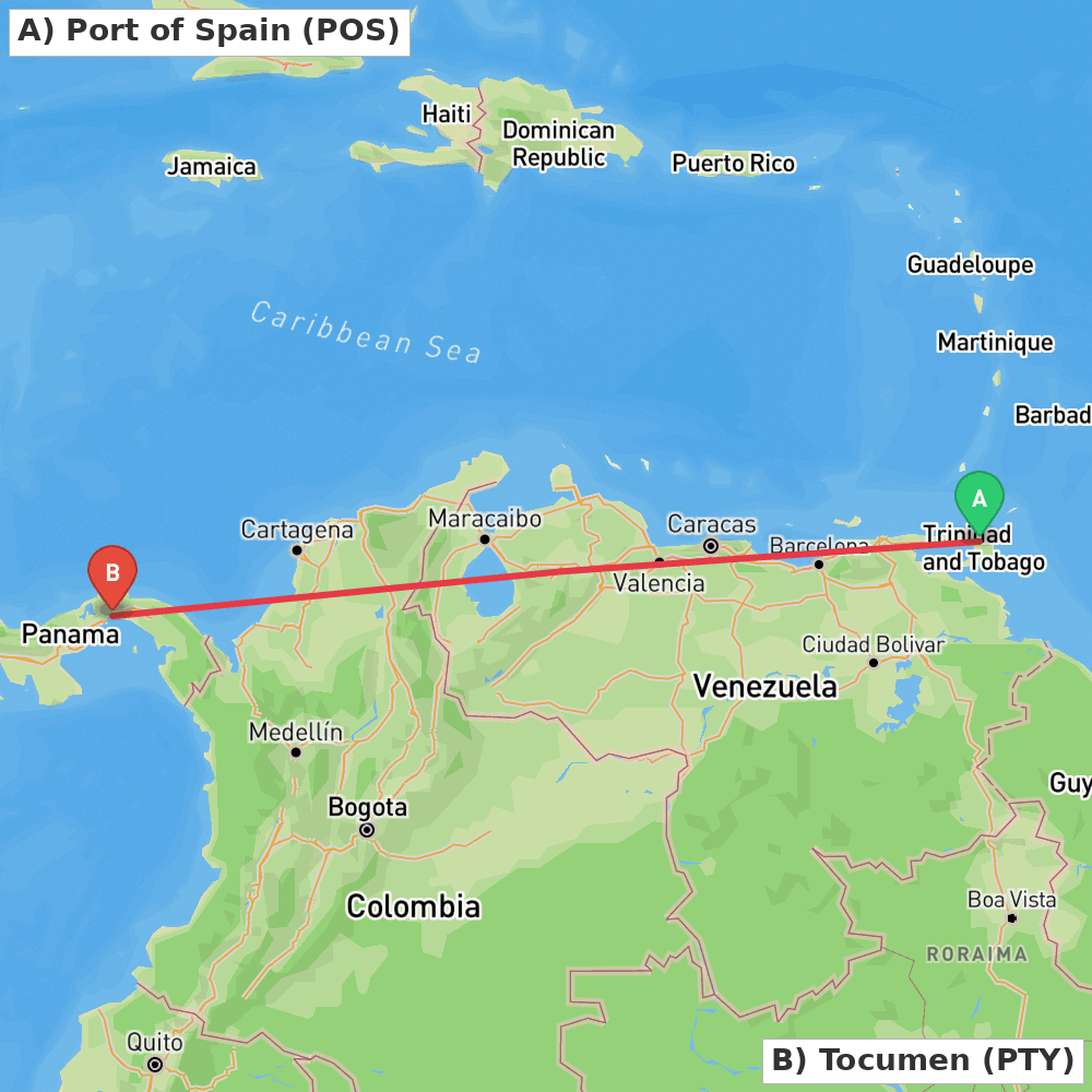 Flight route map from Port of Spain to Tocumen