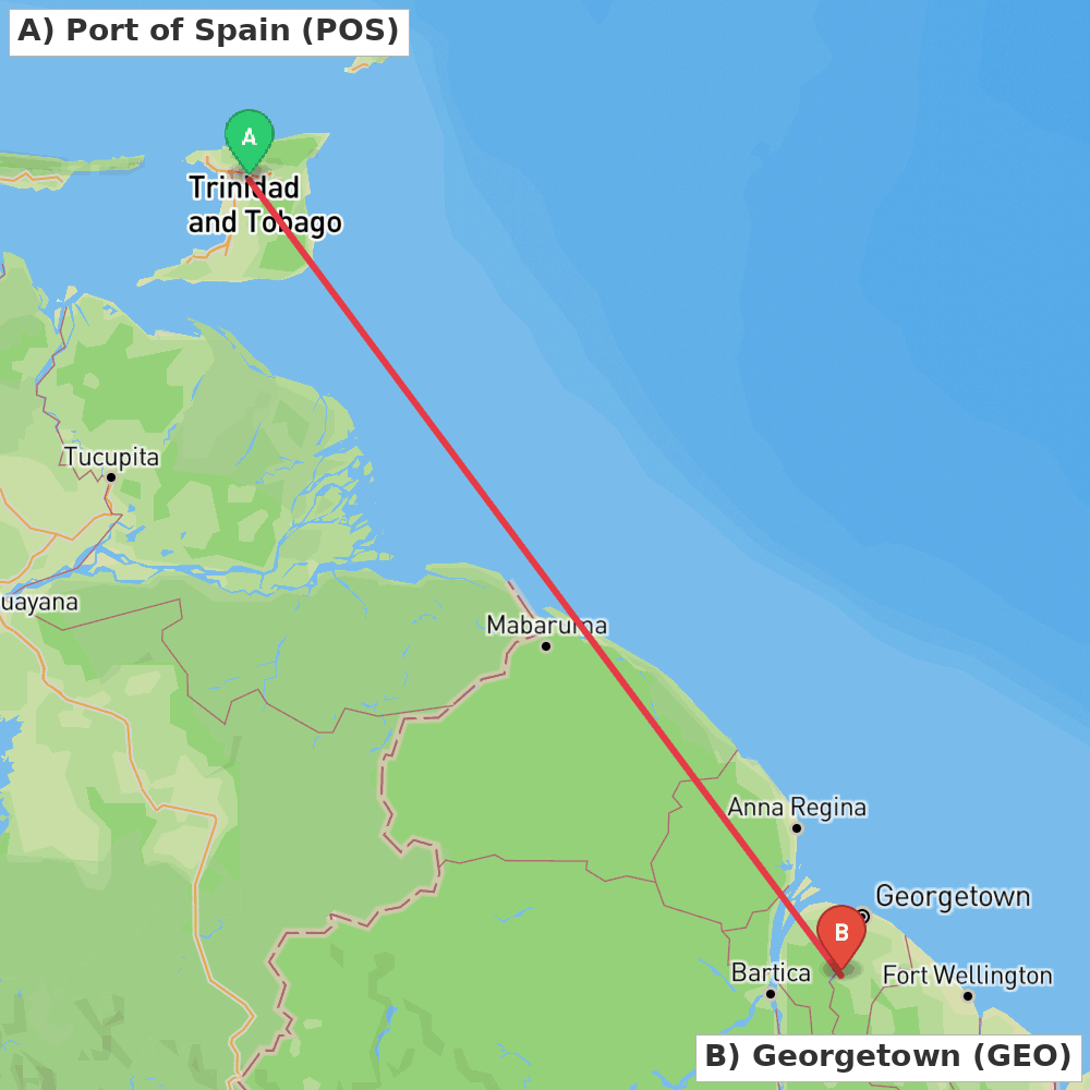 Flight route map from Port of Spain to Georgetown
