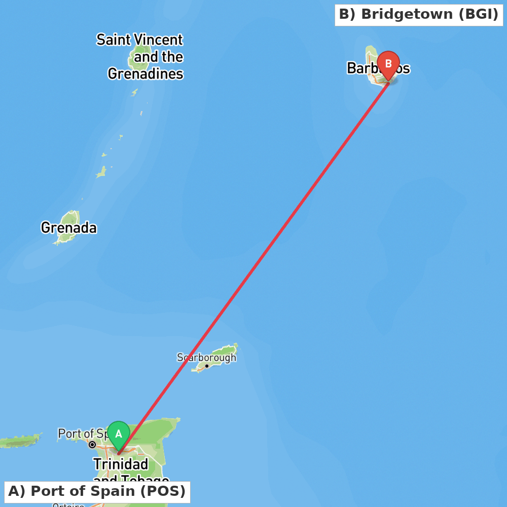 Flight route map from Port of Spain to Bridgetown