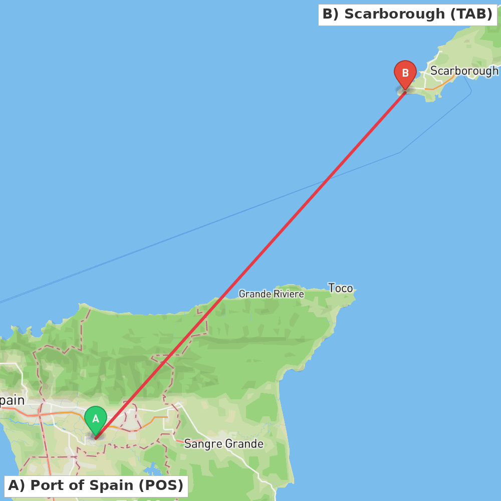 Flight route map from Port of Spain to Scarborough
