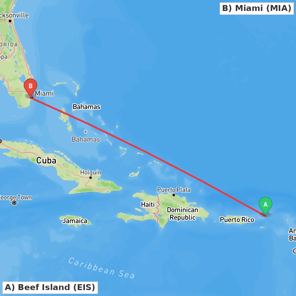 Flight route map from Beef Island to Miami