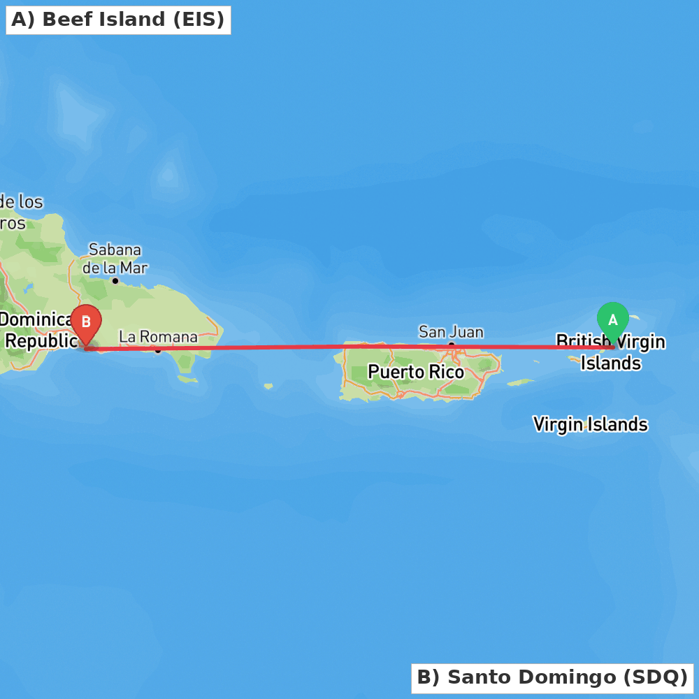 Flight route map from Beef Island to Santo Domingo