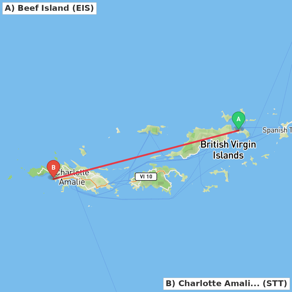 Flight route map from Beef Island to Charlotte Amalie