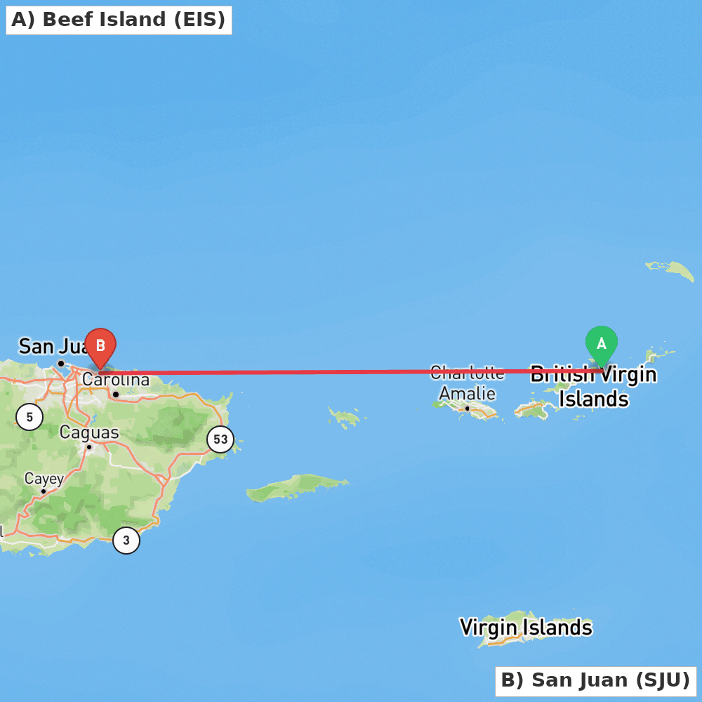 Flight route map from Beef Island to San Juan
