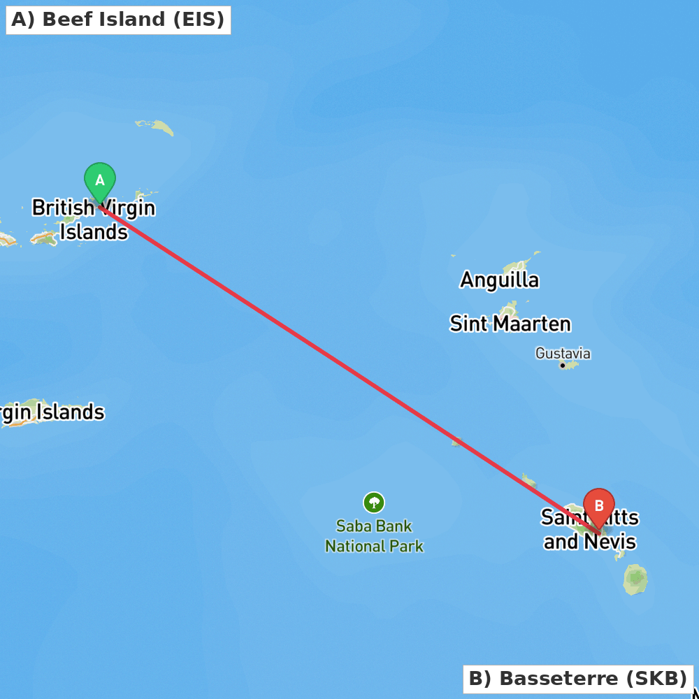 Flight route map from Beef Island to Basseterre