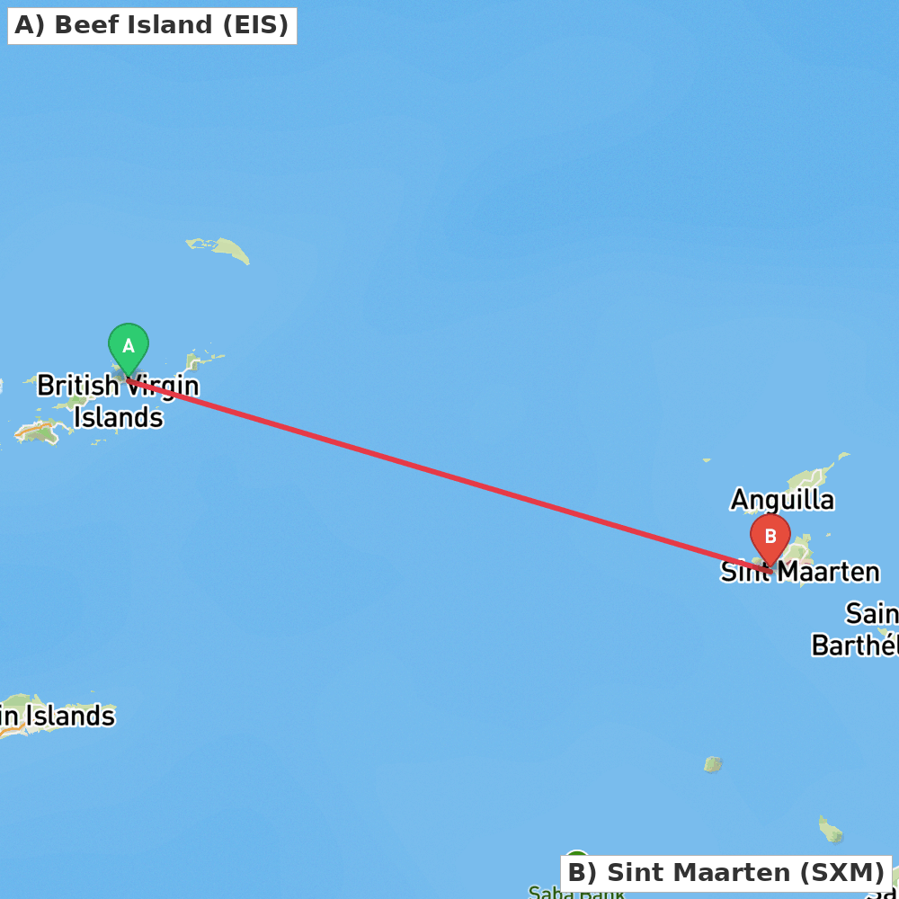 Flight route map from Beef Island to Sint Maarten