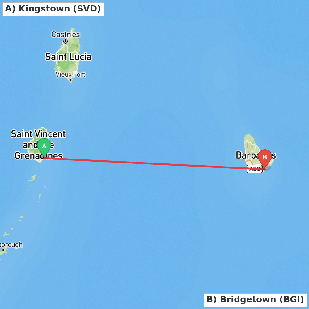 Flight route map from Kingstown to Bridgetown