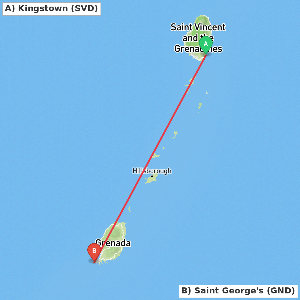 Flight route map from Kingstown to Saint George's