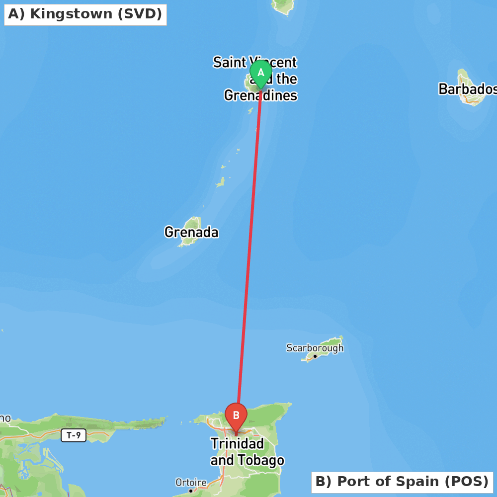 Flight route map from Kingstown to Port of Spain