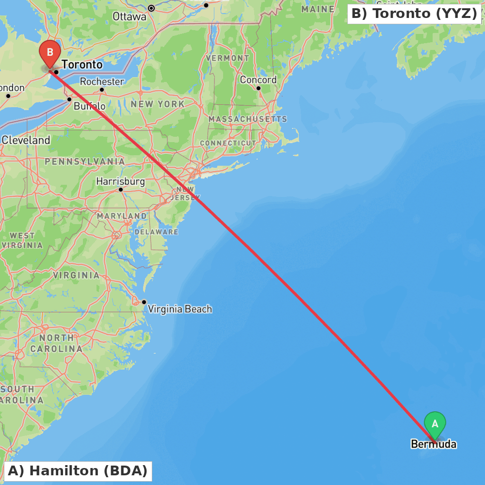Flight route map from Hamilton to Toronto
