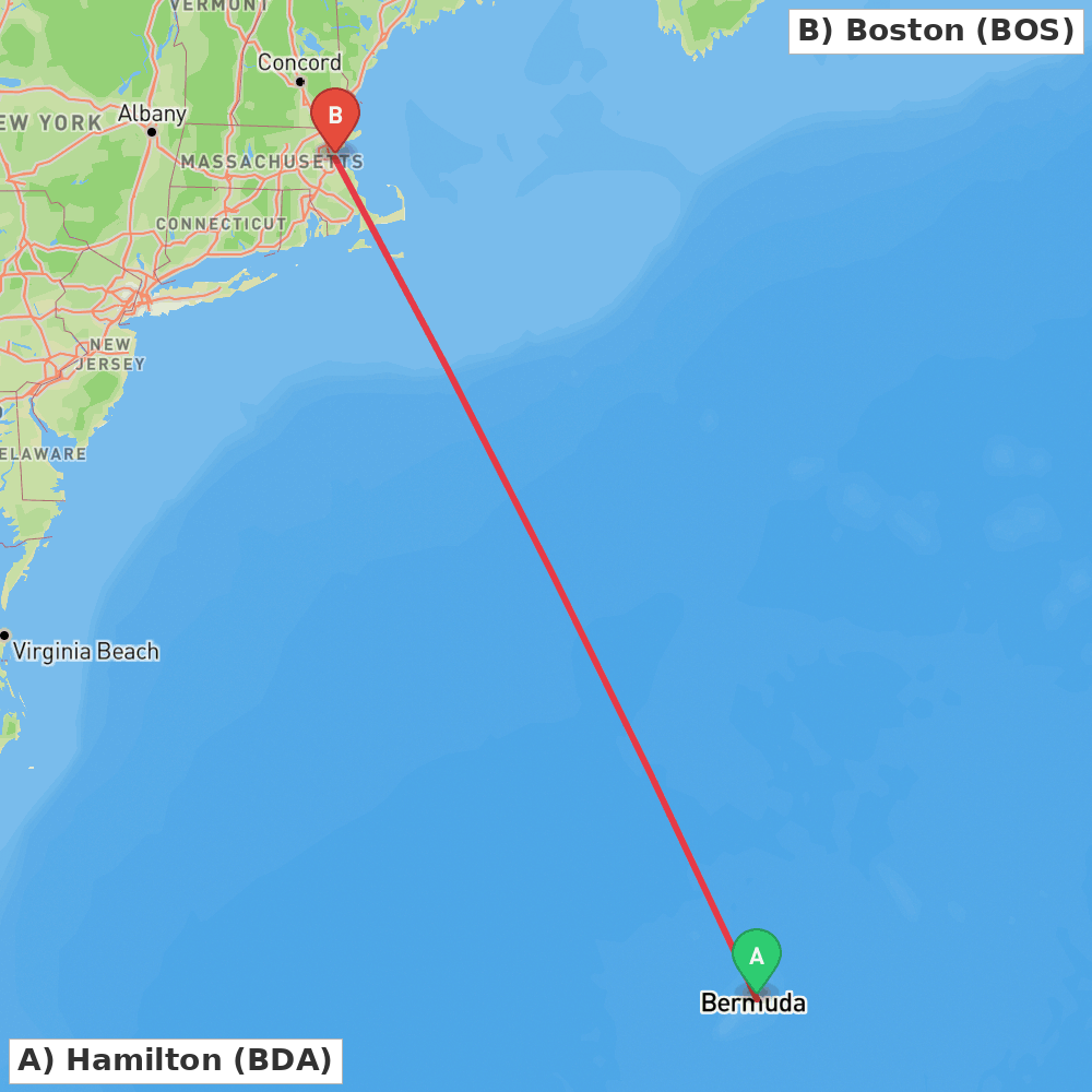 Flight route map from Hamilton to Boston