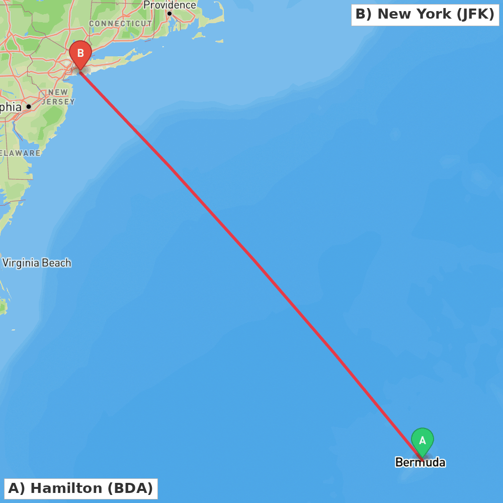 Flight route map from Hamilton to New York