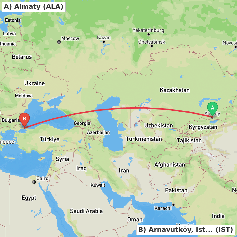 Flight route map from Almaty to Arnavutköy, Istanbul
