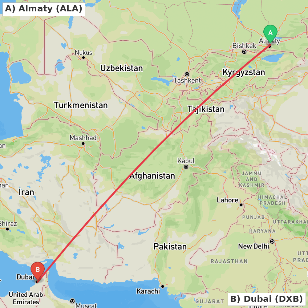 Flight route map from Almaty to Dubai