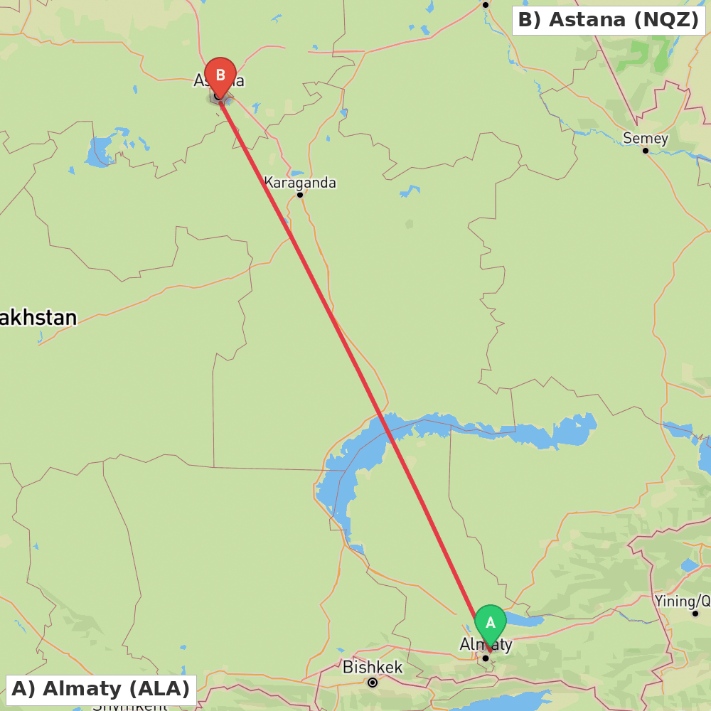 Flight route map from Almaty to Astana