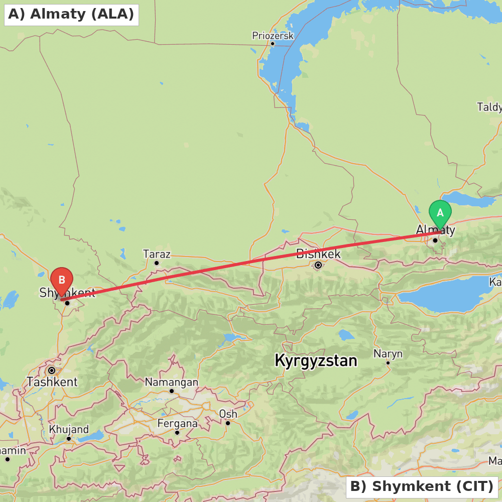 Flight route map from Almaty to Shymkent