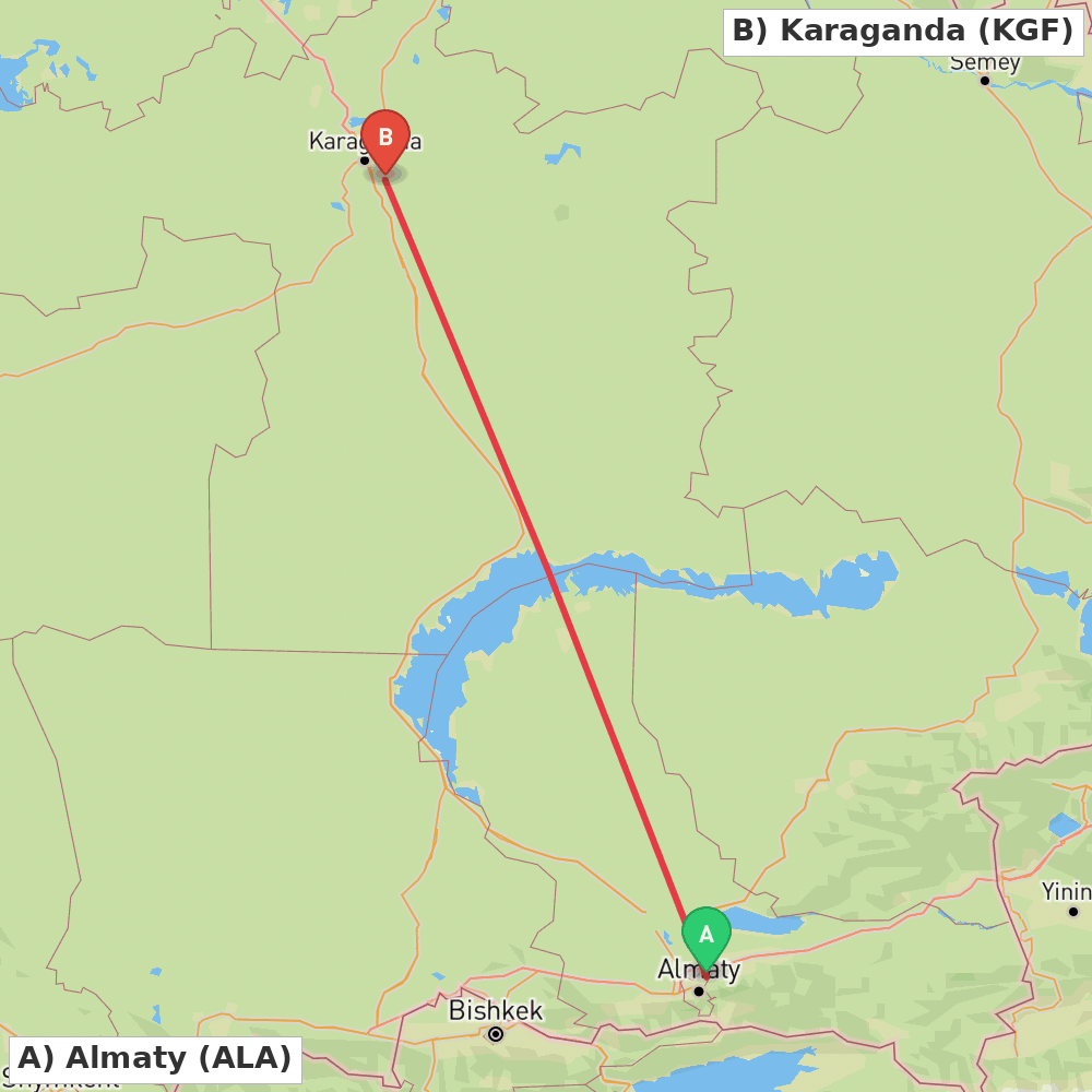Flight route map from Almaty to Karaganda