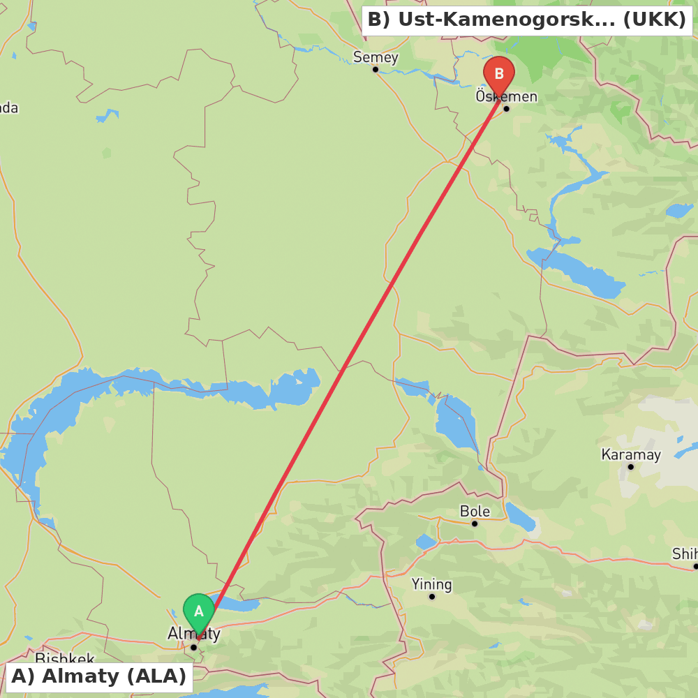 Flight route map from Almaty to Ust-Kamenogorsk (Oskemen)
