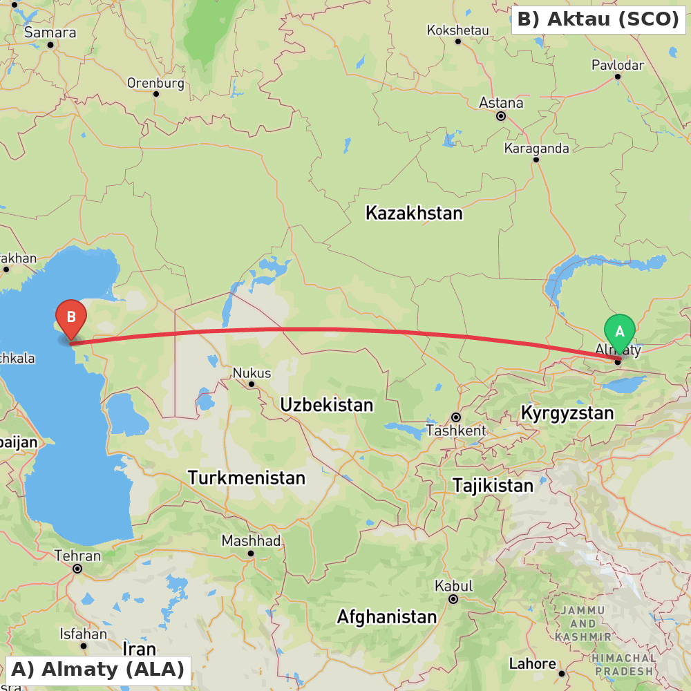 Flight route map from Almaty to Aktau