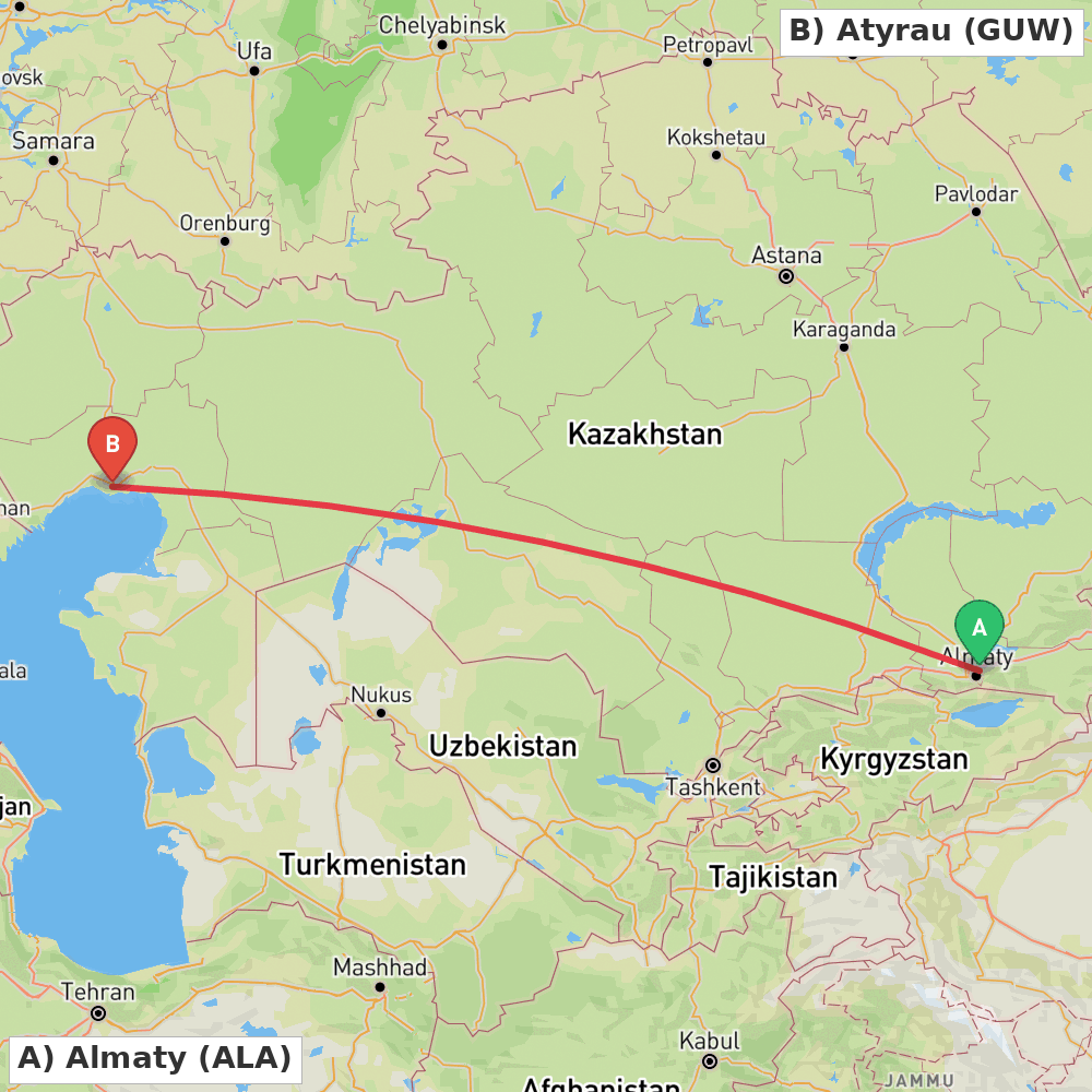 Flight route map from Almaty to Atyrau