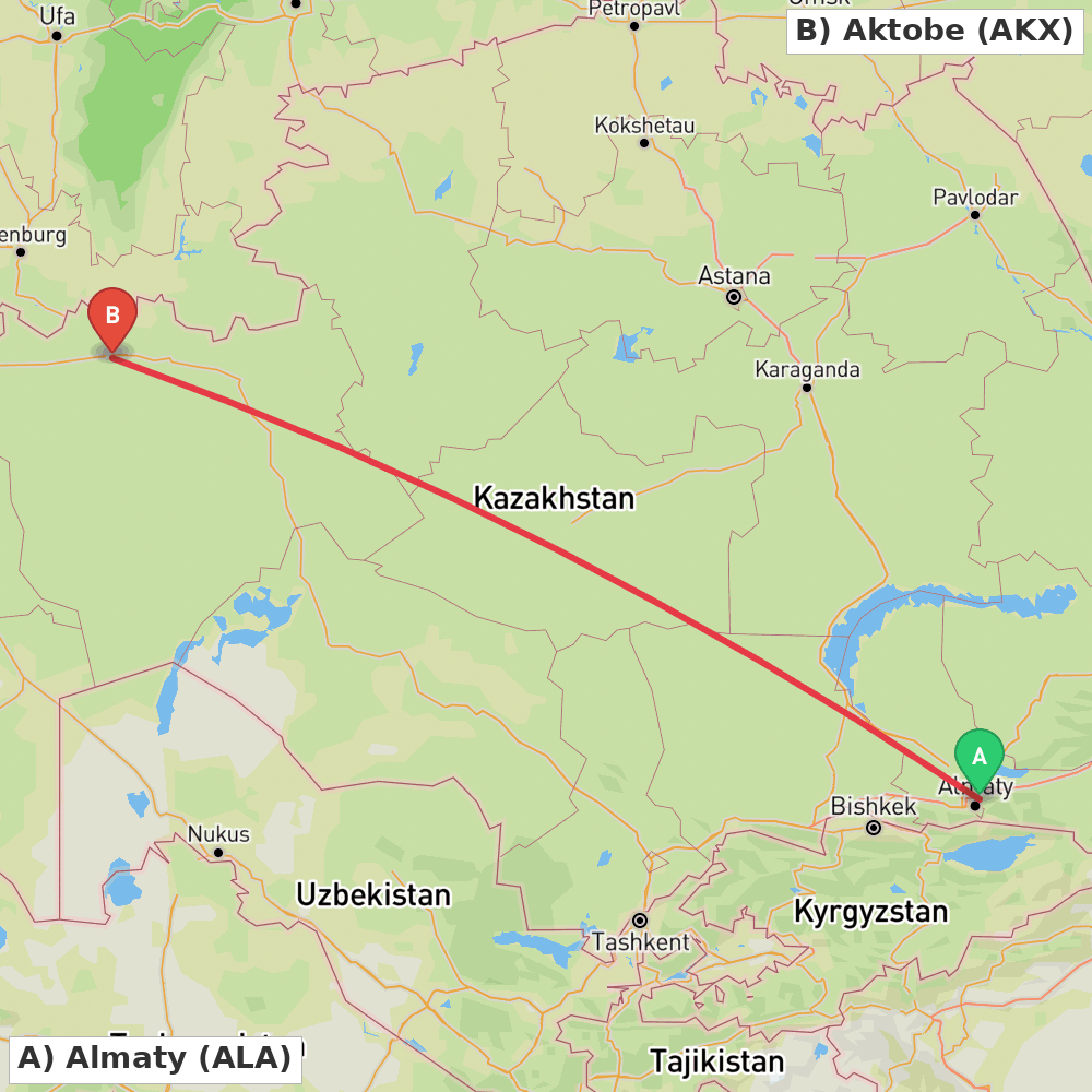 Flight route map from Almaty to Aktobe